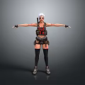 Woman With White Short Hair In Tactical Vest Red Black Outfit Standing Arms Outstretched