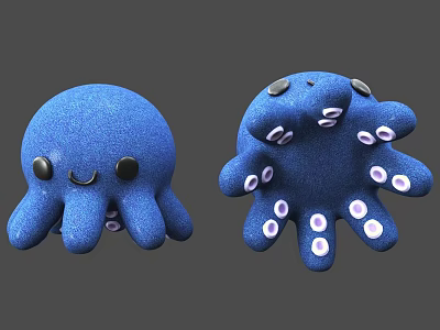 Two Blue Octopus Toys With Smiling Faces And Purple Suction Cups On Tentacles 3d model