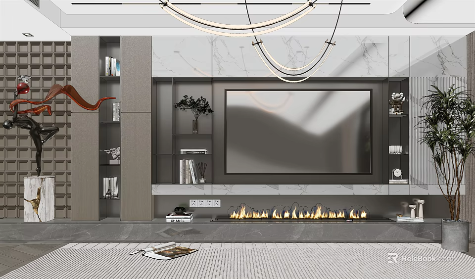 Modern TV Wall Interior Design With Marble Backdrop Fireplace And Floating Shelves 3d model 
