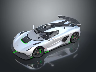 Aerodynamic White Sports Car With Black Roof Green Accents And Large Rear Wing 3d model