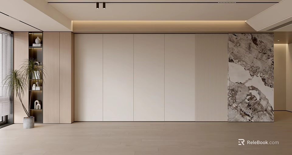 Modern Minimalist Interior Background Wall With White Panels Striped Design And Marble Texture 3d model 