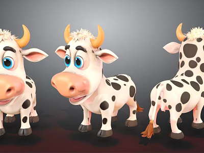 Cute Cartoon Cows With Yellow Horns Black Spots Big Eyes From Different Angles 3d model