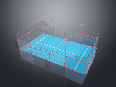 Indoor Sports Court Design With Blue Surface White Lines Red Borders Fencing And Lighting Poles 3d model