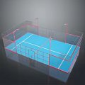 Indoor Sports Court Design With Blue Surface White Lines Red Borders Fencing And Lighting Poles