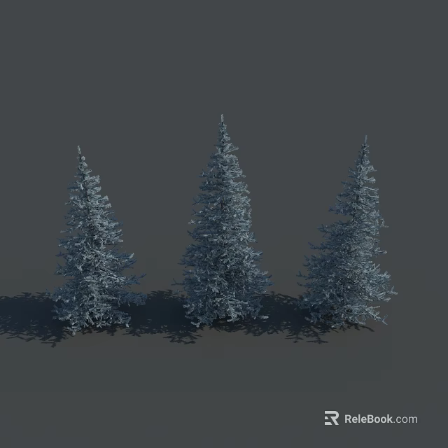 Three Snow Covered Evergreen Pine Trees In Winter Landscape With Shadows 3d model 