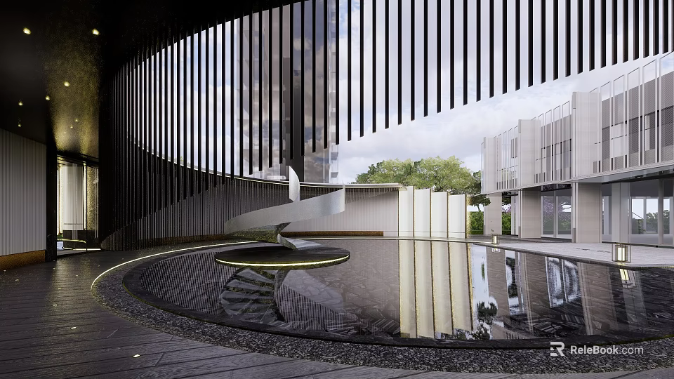 Modern Pergola Slatted Structure with Water Reflection in Urban Landscape 3d model 