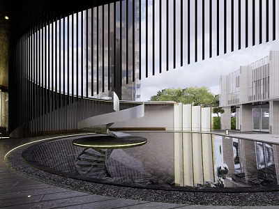 Modern Pergola Slatted Structure with Water Reflection in Urban Landscape 3d model