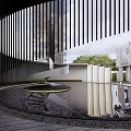 Modern Pergola Slatted Structure with Water Reflection in Urban Landscape