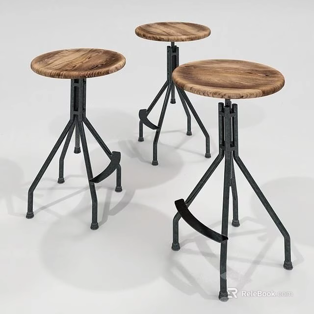 Modern Bar Stools With Round Wooden Seats And Metal Tripod Legs 3d model 