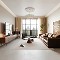 Modern Living and Dining Room with Brown Sofa Round Chandelier and Decorative Painting