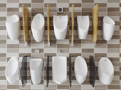 Modern Bathroom Urinals Collection With Various Designs Wooden Dividers And Tiled Wall 3d model