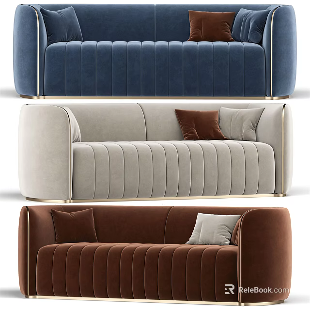 Modern Multi Seat Sofa In Blue Beige Brown With Tufted Design And Gold Frame 3d model 