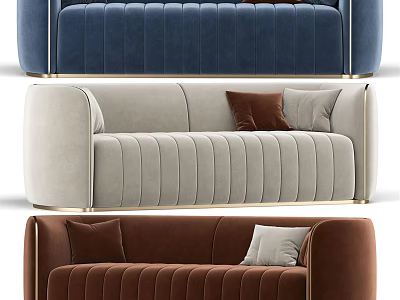 Modern Multi Seat Sofa In Blue Beige Brown With Tufted Design And Gold Frame 3d model