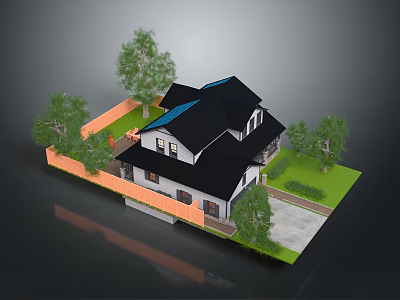 Two Story Detached House With Black Roof Skylights Orange Fence Green Lawn And Trees 3d model
