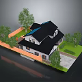 Two Story Detached House With Black Roof Skylights Orange Fence Green Lawn And Trees