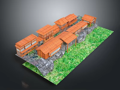 Traditional Wooden Buildings With Orange Roofs Green Grass And Rock Landscaping 3d model
