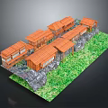 Traditional Wooden Buildings With Orange Roofs Green Grass And Rock Landscaping