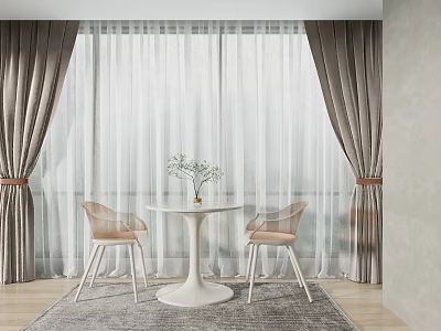 White Sheer And Dark Curtains With Window Side Table And Chairs In Modern Interior 3d model