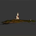 Lighthouse On Small Island With Red White Stripes Green Grass Rocky Shore And Small Buildings