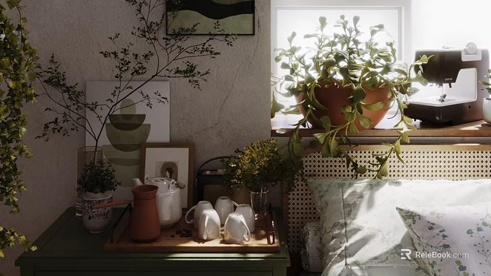 Home Balcony Interior With Natural Light Potted Plants On Windowsill Side Table And Decorative Items 3d model 