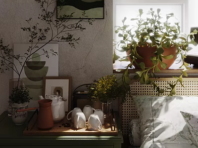 Home Balcony Interior With Natural Light Potted Plants On Windowsill Side Table And Decorative Items 3d model