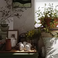 Home Balcony Interior With Natural Light Potted Plants On Windowsill Side Table And Decorative Items