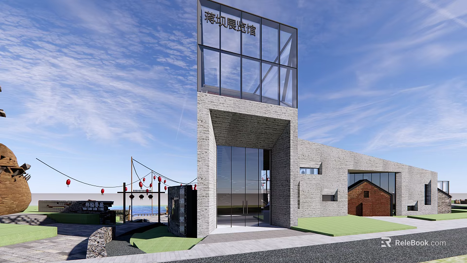 Modern Seaside Boutique Guesthouse Building With Glass Wall Brick Exterior Red Lanterns And Green Lawn 3d model 