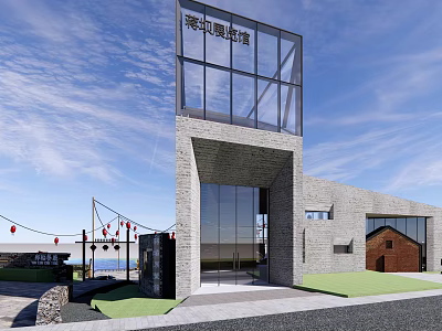 Modern Seaside Boutique Guesthouse Building With Glass Wall Brick Exterior Red Lanterns And Green Lawn 3d model