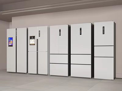 White Refrigerators and Freezers in Various Styles Displayed Side by Side in Modern Showroom 3d model