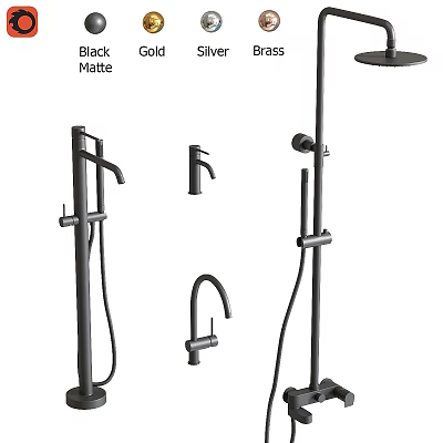 Matte Black Faucet Collection Featuring Shower System And Bathroom Faucet Designs 3d model