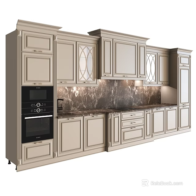 Classic Beige Kitchen Cabinets With Glass Doors Marble Countertop And Built In Oven 3d model 