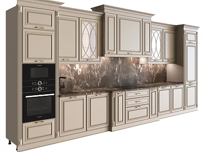 Classic Beige Kitchen Cabinets With Glass Doors Marble Countertop And Built In Oven 3d model