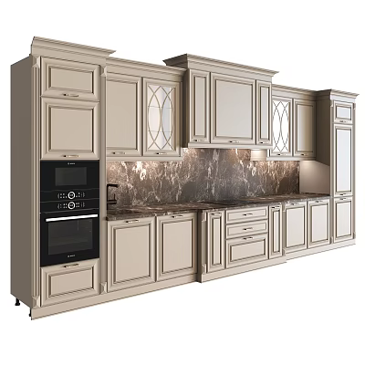 Classic Beige Kitchen Cabinets With Glass Doors Marble Countertop And Built In Oven 3d model