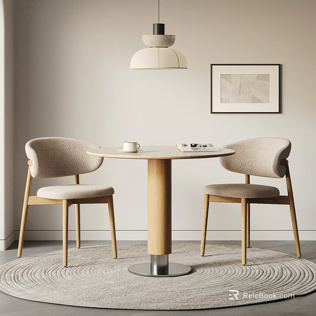 Light Wood Round Table With Upholstered Chairs Pendant Light And Artwork On Rug 3d model 