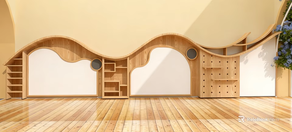 Kindergarten Interior With Wooden Curved Furniture Bookshelves Display Shelves Wooden Floors And Light Yellow Walls 3d model 