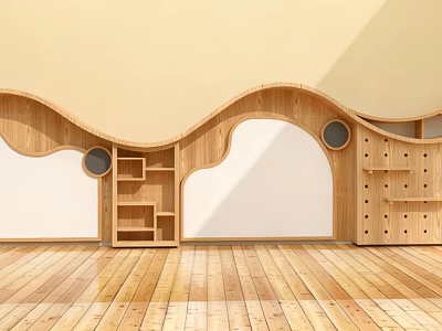 Kindergarten Interior With Wooden Curved Furniture Bookshelves Display Shelves Wooden Floors And Light Yellow Walls 3d model