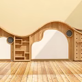 Kindergarten Interior With Wooden Curved Furniture Bookshelves Display Shelves Wooden Floors And Light Yellow Walls