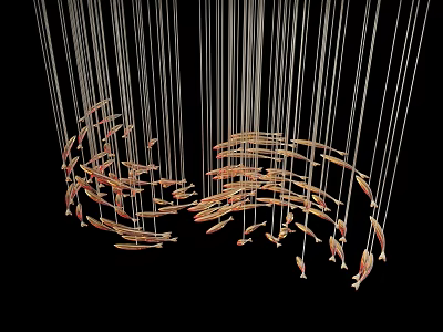 Modern Artistic Chandelier with Hanging Threads and Fish Shaped Ornaments Creating Swimming Movement Effect 3d model