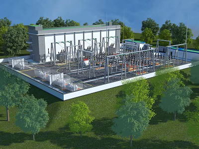 Modern Industrial Plant Structure With Green Surroundings Trees And Metal Electrical Equipment 3d model