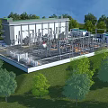 Modern Industrial Plant Structure With Green Surroundings Trees And Metal Electrical Equipment