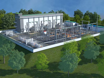 Modern Industrial Plant Structure With Green Surroundings Trees And Metal Electrical Equipment 3d model