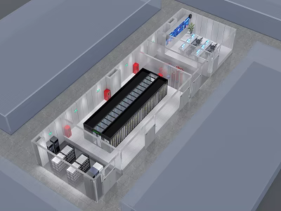 Technical Facility Interior With Server Racks Workstations Display Screens And Red Indicators 3d model
