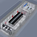 Technical Facility Interior With Server Racks Workstations Display Screens And Red Indicators