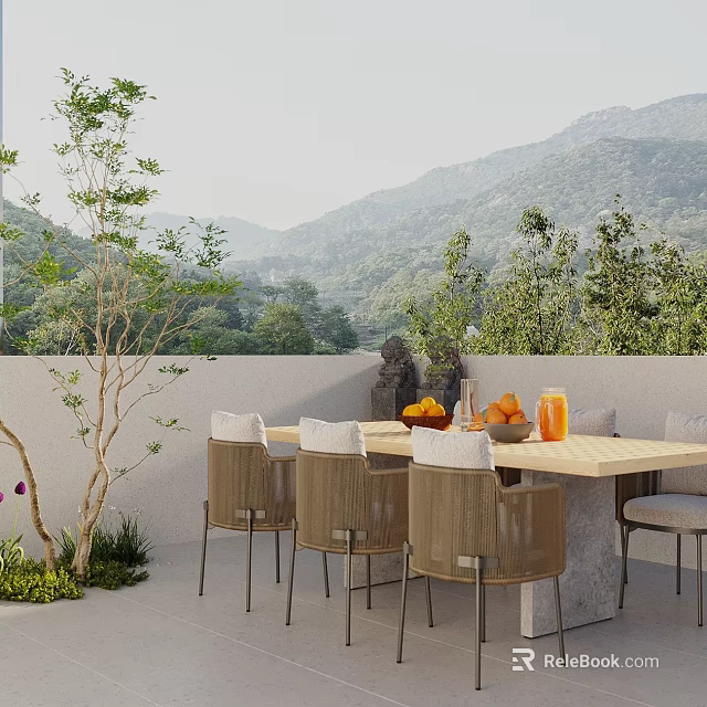 Scenic Villa Balcony With Wooden Table Chairs Fruits Drinks And Mountain View 3d model 