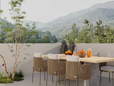 Scenic Villa Balcony With Wooden Table Chairs Fruits Drinks And Mountain View 3d model
