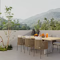 Scenic Villa Balcony With Wooden Table Chairs Fruits Drinks And Mountain View