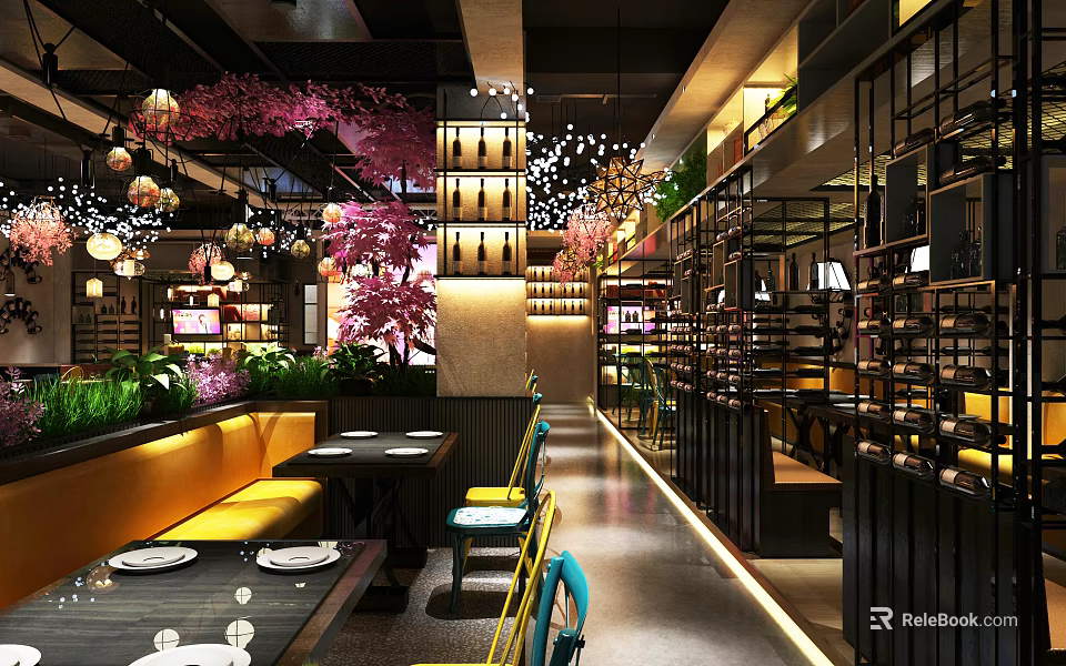 Modern Restaurant Interior Design With Cherry Blossom Decor Seating Area And Yellow Chairs 3d model 