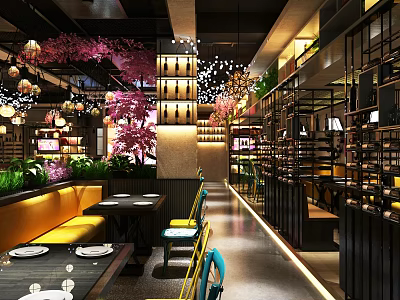 Modern Restaurant Interior Design With Cherry Blossom Decor Seating Area And Yellow Chairs 3d model