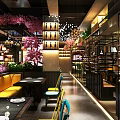 Modern Restaurant Interior Design With Cherry Blossom Decor Seating Area And Yellow Chairs