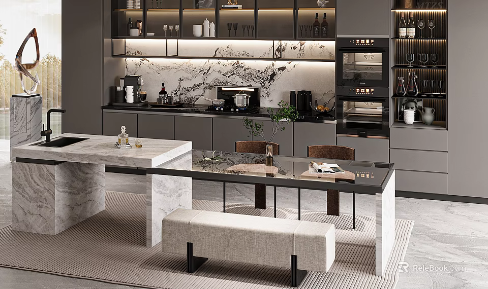 Modern Dining Table Set With Marble Tabletop Wooden Chairs And Bench In Modern Kitchen Interior 3d model 